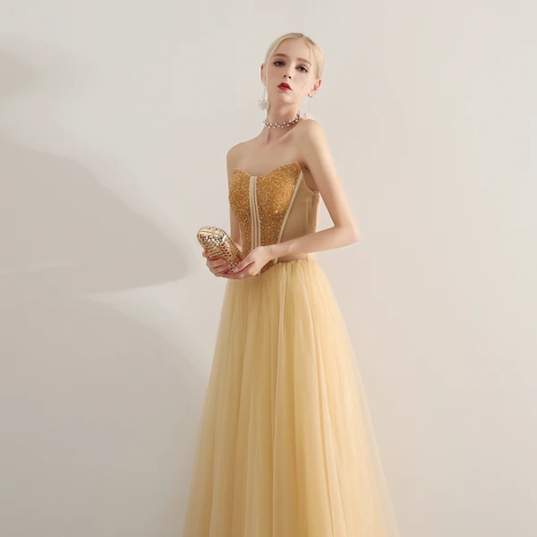 Sexy Gold Prom Dresses 2019 A-Line / Princess Strapless Beading Crystal Sleeveless Backless Floor-Length / Long Formal Dresses