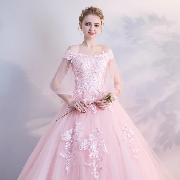 Chic / Belle Rose Bonbon Gonflée Robe De Bal 2018 Robe Boule En Dentelle Appliques Paillettes De l'épaule Dos Nu 1/2 Manches Longue Robe De Ceremonie