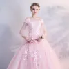 Chic / Beautiful Candy Pink Puffy Prom Dresses 2018 Ball Gown Lace Appliques Sequins Off-The-Shoulder Backless 1/2 Sleeves Floor-Length / Long Formal Dresses