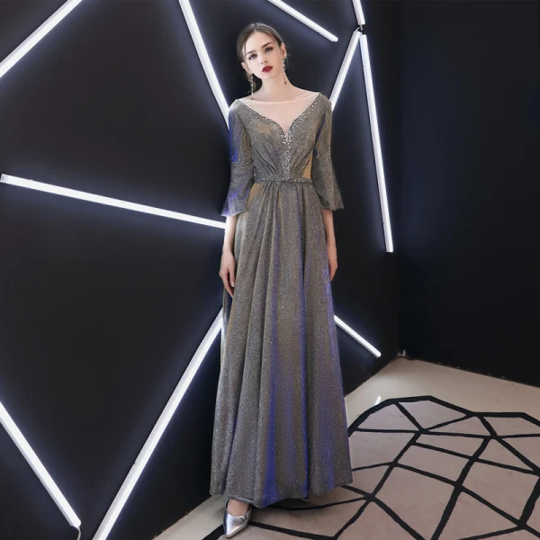 Elegant Grey Evening Dresses  2019 A-Line / Princess Scoop Neck Sequins 3/4 Sleeve Backless Floor-Length / Long Formal Dresses