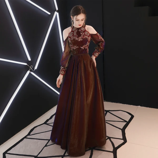 Chic / Belle Bordeaux Robe De Soirée Princesse Bustier En Dentelle Fleur Gonflée Manches Longues Dos Nu Longue Robe De Ceremonie