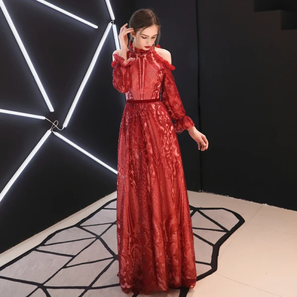 Chic / Belle Bordeaux Robe De Soirée 2019 Princesse Bustier Dentelle Paillettes Gonflée Manches Longues Dos Nu Longue Robe De Ceremonie