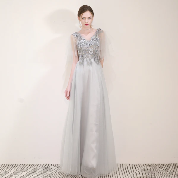 Elegant Grey Evening Dresses  2019 A-Line / Princess V-Neck Appliques Lace Flower Pearl Rhinestone Short Sleeve Backless Floor-Length / Long Formal Dresses