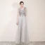 Elegant Grey Evening Dresses  2019 A-Line / Princess V-Neck Appliques Lace Flower Pearl Rhinestone Short Sleeve Backless Floor-Length / Long Formal Dresses
