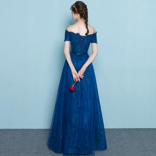 Chic / Beautiful Navy Blue Evening Dresses 2019 A-Line / Princess Off-The-Shoulder Lace Flower Short Sleeve Backless Floor-Length / Long Formal Dresses