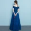 Chic / Beautiful Navy Blue Evening Dresses  2019 A-Line / Princess Off-The-Shoulder Lace Flower Short Sleeve Backless Floor-Length / Long Formal Dresses