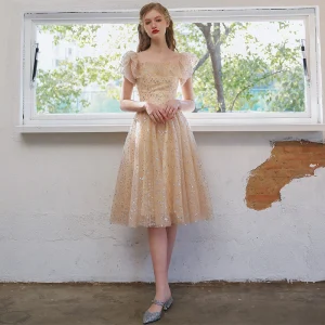 Fashion Champagne Homecoming Sequins Graduation Dresses 2021 A Line Princess Square Neckline Short Sleeve Backless Tea Length Formal Dresses