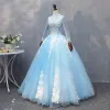 Chic / Beautiful Pool Blue Quinceañera Prom Dresses 2018 Ball Gown Lace Appliques Beading High Neck Backless Long Sleeve Floor-Length / Long Formal Dresses