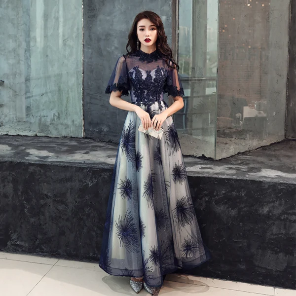 Elegant Navy Blue Evening Dresses  2019 A-Line / Princess Scoop Neck Beading Lace Flower Short Sleeve Backless Floor-Length / Long Formal Dresses
