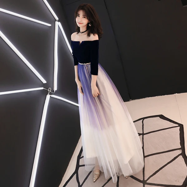 Elegant Gradient-Color Navy Blue Evening Dresses 2019 A-Line / Princess Suede Off-The-Shoulder Metal Sash 3/4 Sleeve Backless Floor-Length / Long Formal Dresses