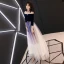 Elegant Gradient-Color Navy Blue Evening Dresses  2019 A-Line / Princess Suede Off-The-Shoulder Metal Sash 3/4 Sleeve Backless Floor-Length / Long Formal Dresses