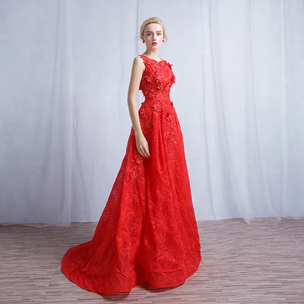 Schöne Rot Abendkleider 2019 A Linie Rundhalsausschnitt Perlenstickerei Spitze Blumen Pailletten Stoffgürtel Ärmellos Sweep / Pinsel Zug Festliche Kleider