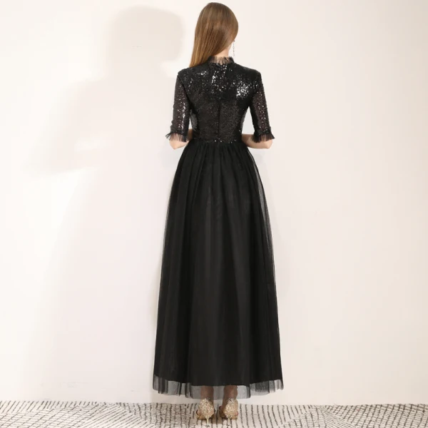 Chic / Belle Noire de retour Robe De Graduation 2019 Princesse Col Haut Paillettes 1/2 Manches Longueur Cheville Robe De Ceremonie