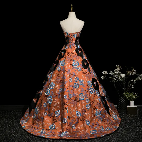 Vintage / Retro Multi-Colors Graphic Prom Dresses 2025 A-Line / Princess Strapless Sleeveless Backless Floor-Length / Long Formal Dresses