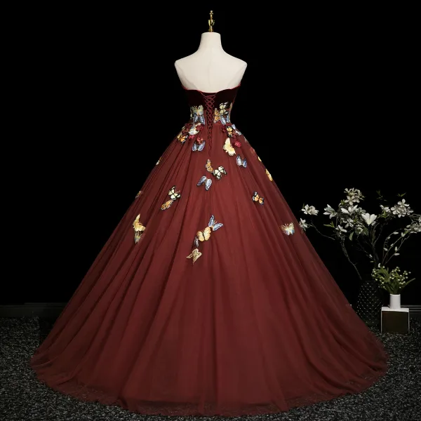 Flower Fairy Burgundy 3D Lace Butterfly Prom Dresses 2025 Ball Gown Strapless Sleeveless Backless Sweep Train Formal Dresses