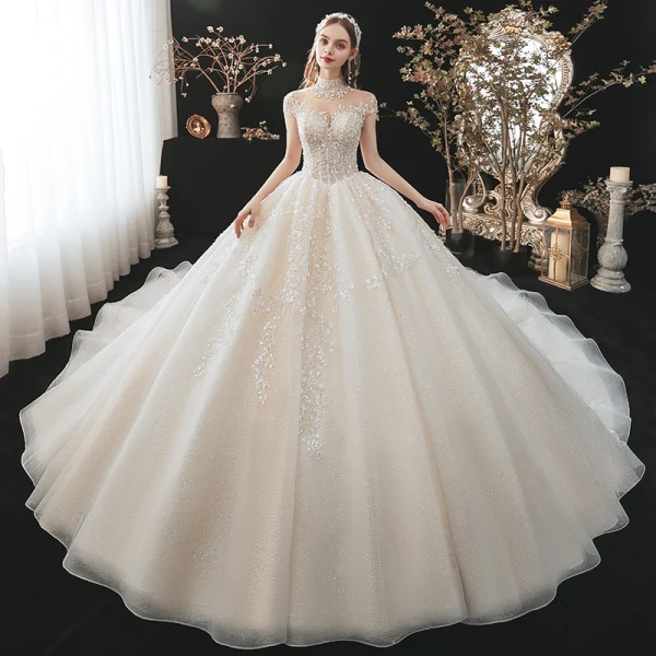 Luxury / Gorgeous Charming Champagne Wedding Dresses 2021 Ball Gown High Neck Beading Appliques Rhinestone Sequins Short Sleeve Backless Royal Train Wedding