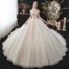 Luksusowe Uroczy Szampan Suknie Ślubne 2021 Suknia Balowa Wysokiej Szyi Frezowanie Aplikacje Rhinestone Cekiny Kótkie Rękawy Bez Pleców Trenem Królewski Ślub