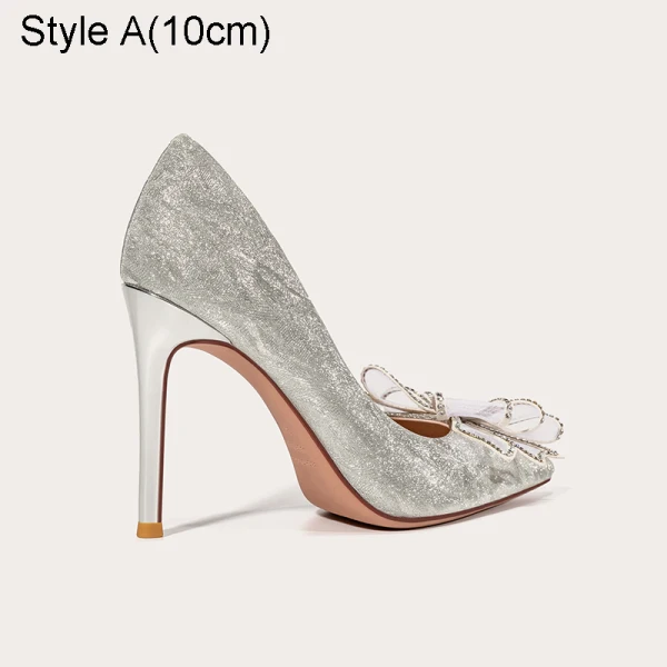 Charmig Silver Rhinestone Rosett Paljetter Brudskor 2021 Läder 10 cm Stilettklackar Spetsiga Bröllop Pumps Högklackade
