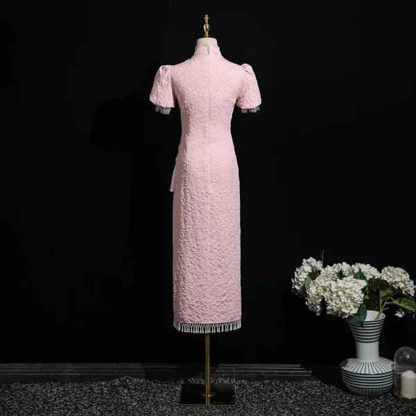 Chinese style Blushing Pink Beading Printing Evening Party Cheongsam 2025 A-Line / Princess High Neck Short Sleeve Tea-length