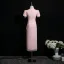 Chinese style Blushing Pink Beading Printing Evening Party Cheongsam 2025 A-Line / Princess High Neck Short Sleeve Tea-length
