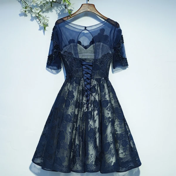 Chic / Belle Bleu Marine Robe De Ceremonie Robe De Graduation 2017 En Dentelle Paillettes Fleur Dos Nu 1/2 Manches Courte Princesse Encolure Dégagée