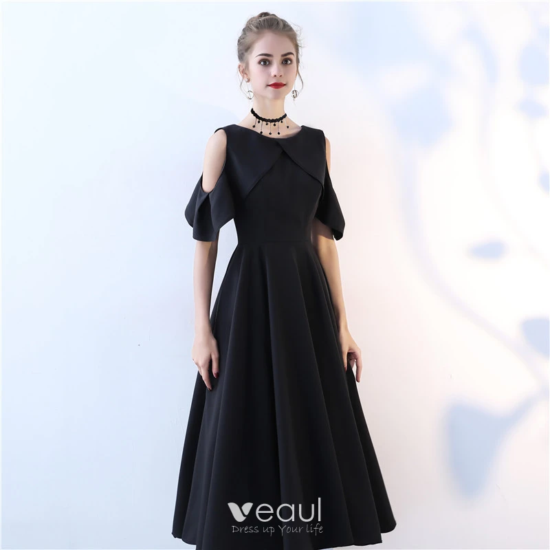 Modest / Simple Champagne Homecoming Graduation Dresses 2019 A-Line / Princess Scoop Neck Short Sleeve Tea-length Formal Dresses