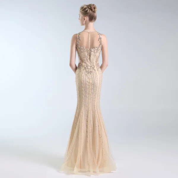 Luxury / Gorgeous Gold Evening Dresses 2019 Trumpet / Mermaid Scoop Neck Handmade Beading Crystal Pearl Sequins Sleeveless Floor-Length / Long Formal Dresses