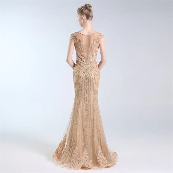 Luxury / Gorgeous Gold Handmade Beading Evening Dresses 2019 Trumpet / Mermaid V-Neck Crystal Lace Flower Sequins Sleeveless Floor-Length / Long Formal Dresses