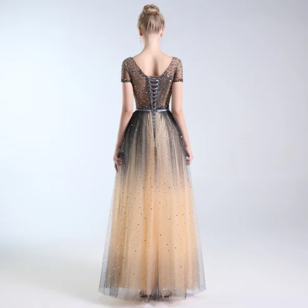 Luxury / Gorgeous Champagne Handmade Beading Prom Dresses 2019 A-Line / Princess V-Neck Sequins Star Crystal Short Sleeve Backless Floor-Length / Long Formal Dresses