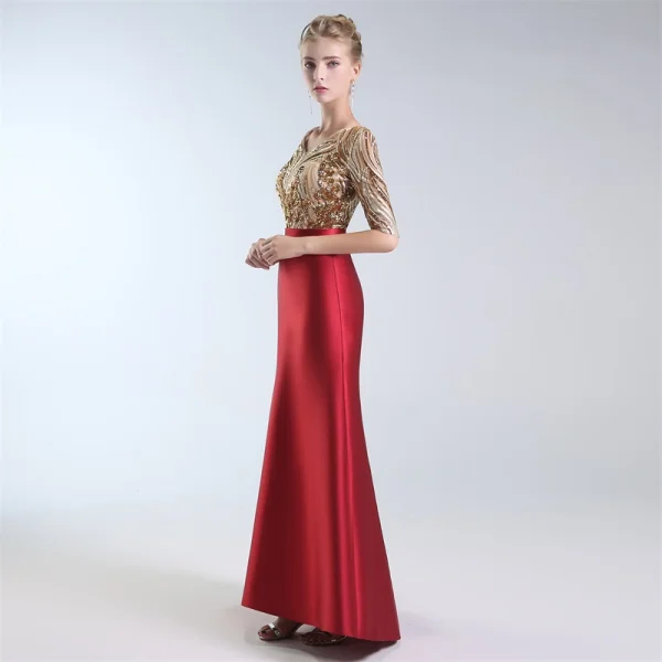 Luxury / Gorgeous Burgundy Evening Dresses 2019 Trumpet / Mermaid V-Neck Lace Sequins 1/2 Sleeves Backless Floor-Length / Long Formal Dresses