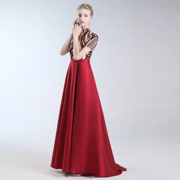 Luxury / Gorgeous Burgundy Evening Dresses  2019 A-Line / Princess High Neck Lace Sequins Short Sleeve Floor-Length / Long Formal Dresses
