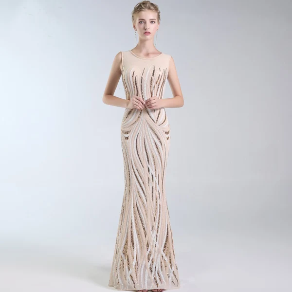 Chic / Beautiful Champagne Evening Dresses 2019 A-Line / Princess Scoop Neck Sequins Sleeveless Floor-Length / Long Formal Dresses