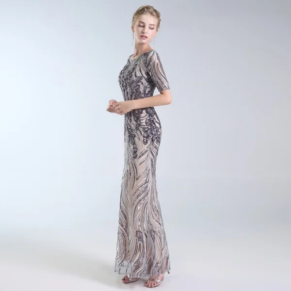 Charming Grey Evening Dresses  2019 A-Line / Princess Scoop Neck Lace Sequins Short Sleeve Floor-Length / Long Formal Dresses
