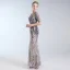 Charming Grey Evening Dresses  2019 A-Line / Princess Scoop Neck Lace Sequins Short Sleeve Floor-Length / Long Formal Dresses