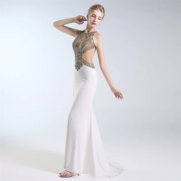Luxury / Gorgeous Ivory Handmade  Beading Evening Dresses  2019 Trumpet / Mermaid Scoop Neck Crystal Rhinestone Sleeveless Split Front Sweep Train Formal Dresses
