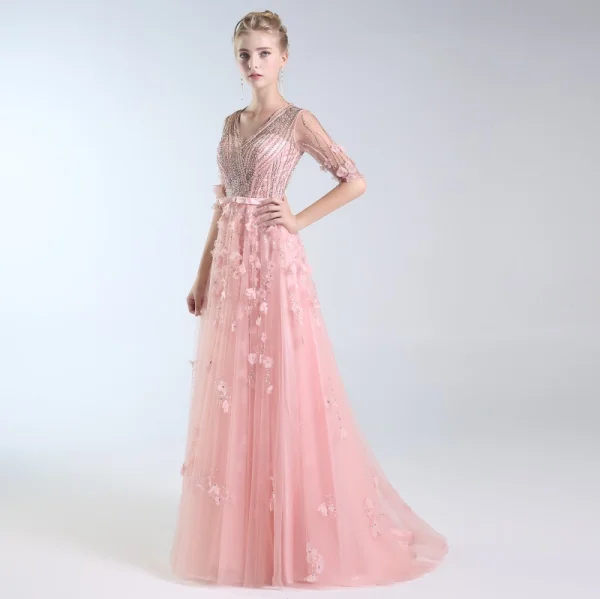 Luxe Rougissant Rose Fait main Perlage Robe De Soirée 2019 Princesse V-Cou Appliques Cristal Paillettes Noeud 1/2 Manches Longue Robe De Ceremonie