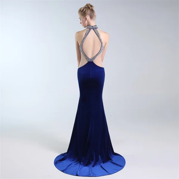 Luxe Bleu Marine Robe De Soirée 2019 Trompette / Sirène Titulaire Faux Diamant Daim Sans Manches Dos Nu Train De Balayage Robe De Ceremonie