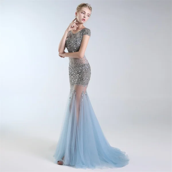 Sexy Bleu Ciel Transparentes Robe De Soirée 2019 Trompette / Sirène Encolure Dégagée Perlage Paillettes Mancherons Longue Robe De Ceremonie