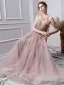 Piękne Rumieniąc Różowy Wykonany Ręcznie Frezowanie Sukienki Wieczorowe 2019 Princessa Wycięciem Kryształ Perła Cekiny Bez Rękawów Bez Pleców Długie Sukienki Wizytowe