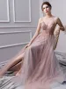 Charming Pearl Pink Evening Dresses  2019 A-Line / Princess Spaghetti Straps Beading Crystal Pearl Sequins Sleeveless Backless Split Front Floor-Length / Long Formal Dresses