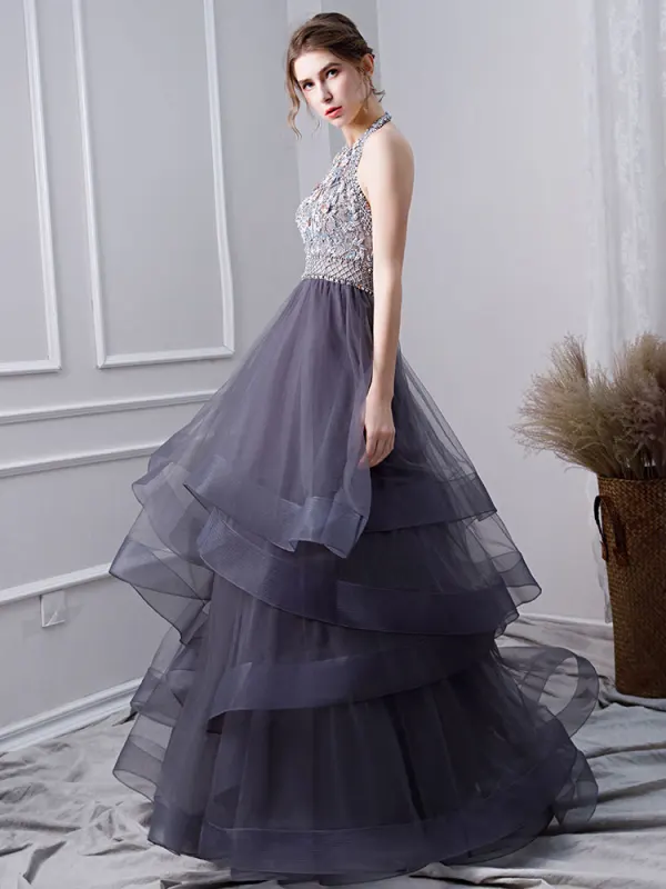 Sexy Bleu Marine Perlage Robe De Bal 2019 Princesse Titulaire Appliques Cristal Faux Diamant Sans Manches Dos Nu Volants en Cascade Longue Robe De Ceremonie