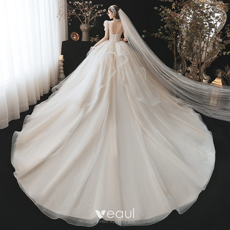 Ruffles Tulle High Neck Beading Short Sleeve Wedding Dress