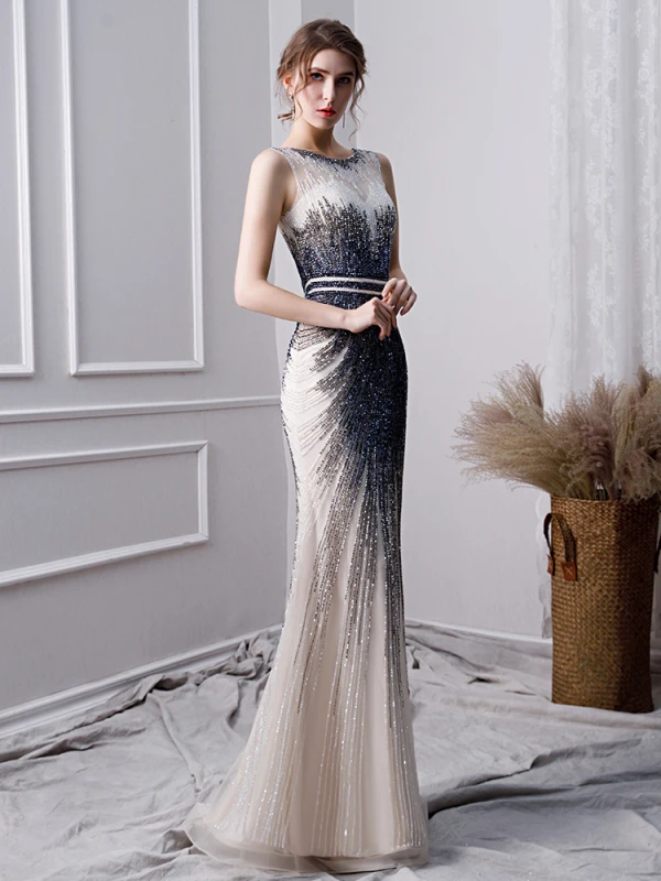 Luxus Gradient Farve Håndlavet Beading Selskabskjoler 2019 Havfrue Scoop Neck Krystal Ærmeløs Lange Kjoler