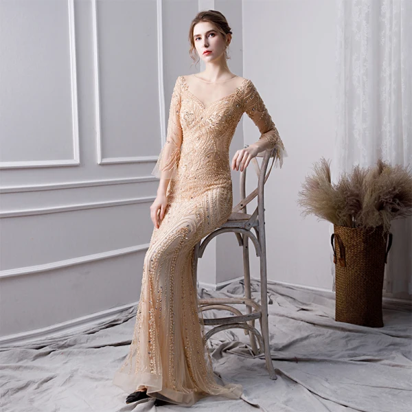 Luxury / Gorgeous Gold Handmade Beading Evening Dresses 2019 Trumpet / Mermaid Scoop Neck Pearl Crystal Rhinestone Sequins 3/4 Sleeve Floor-Length / Long Formal Dresses