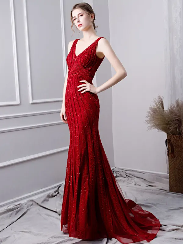 Luxury / Gorgeous Burgundy Handmade  Beading Evening Dresses  2019 Trumpet / Mermaid V-Neck Crystal Lace Flower Sequins Sleeveless Sweep Train Formal Dresses
