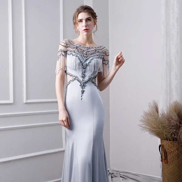 Luxury / Gorgeous Silver Handmade Beading Evening Dresses 2019 Trumpet / Mermaid Scoop Neck Pearl Tassel Crystal Sequins Short Sleeve Sweep Train Formal Dresses