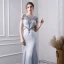 Luxury / Gorgeous Silver Handmade  Beading Evening Dresses  2019 Trumpet / Mermaid Scoop Neck Pearl Tassel Crystal Sequins Short Sleeve Sweep Train Formal Dresses