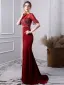 Luxury / Gorgeous Burgundy Evening Dresses  2019 Trumpet / Mermaid Scoop Neck Beading Crystal Tassel Short Sleeve Sweep Train Formal Dresses