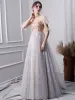 Elegant Grey Prom Dresses 2019 A-Line / Princess Beading High Neck Pearl Crystal Lace Flower Sequins Short Sleeve Floor-Length / Long Formal Dresses