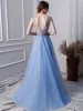 Chic / Belle Bleu Ciel Fait main Perlage Robe De Bal 2019 Princesse V-Cou Perle Faux Diamant Paillettes Sans Manches Dos Nu Longue Robe De Ceremonie